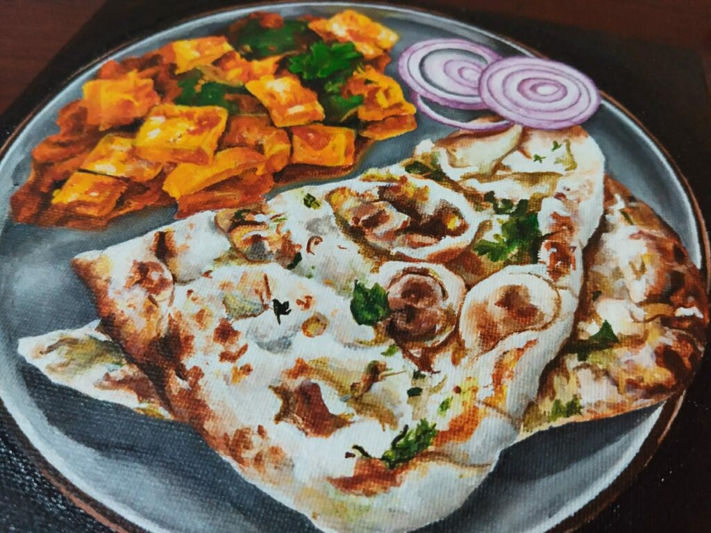 Hyper-realistic Food painting Naan & Paneer Ki Sabji - https://thecanvaswall.com/