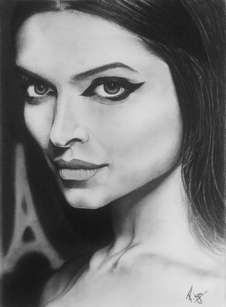 Hyper-realistic Charcoal Portrait of Bollywood Actress Deepika Padukone - https://thecanvaswall.com/